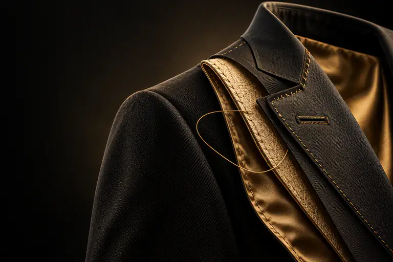 Close-up of hand stitching on a black lapel with gold lining and a loop of gold thread by THE TAILOR, Ikorodu, Lagos