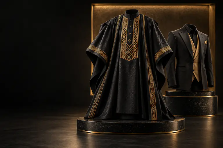 Black and gold embroidered agbada beside a three-piece suit in a gold-lit alcove by THE TAILOR, Ikorodu, Lagos